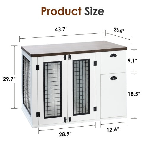 Designer Dog Crate That Looks Like Furniture — Dual Door, White & Walnut