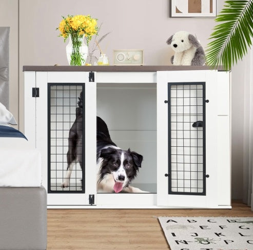Designer Dog Crate That Looks Like Furniture — Dual Door, White & Walnut