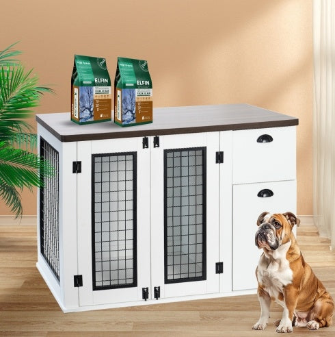 Designer Dog Crate That Looks Like Furniture — Dual Door, White & Walnut