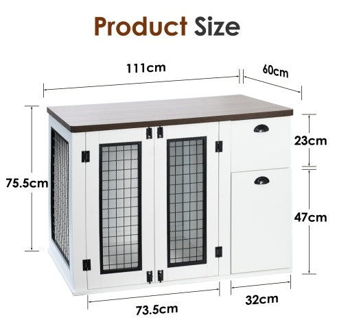 Designer Dog Crate That Looks Like Furniture — Dual Door, White & Walnut