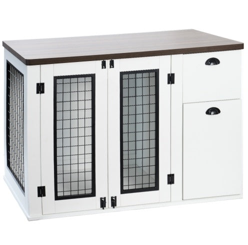 Designer Dog Crate That Looks Like Furniture — Dual Door, White & Walnut